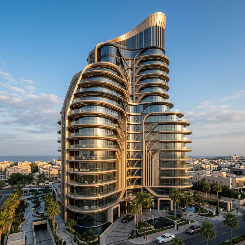 Luxury Saudi residential apartment tower with golden bronze architecture