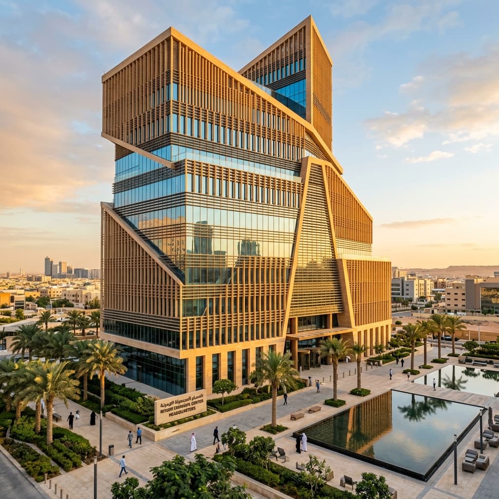 Iconic commercial building with sandstone louvers in Saudi Arabia