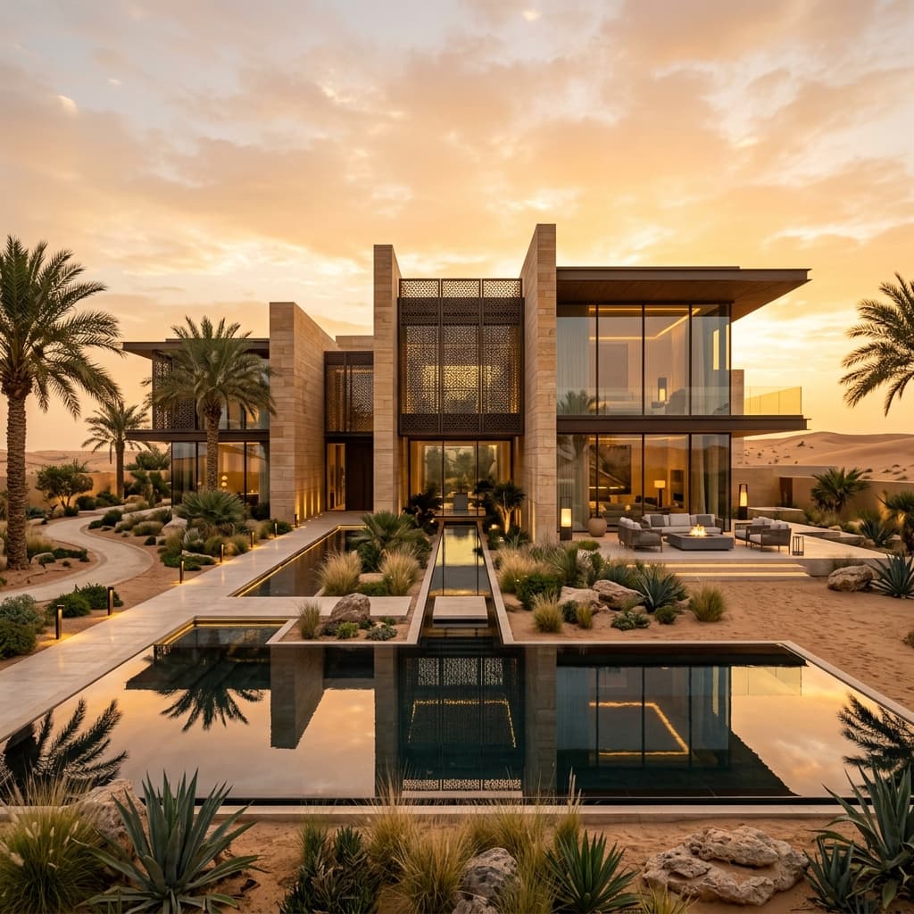 Modern luxury Saudi villa with reflection pool at dawn