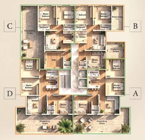Typical floor plan — units A, B, C and D with private entry terraces