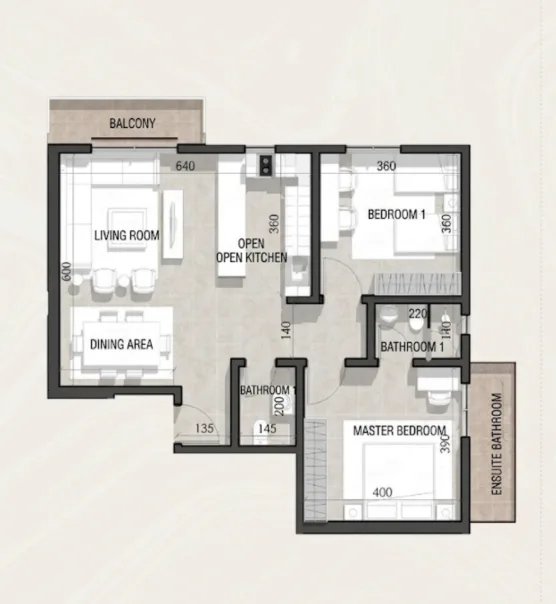 87 m² · 2 bed · 2 bath · balcony onto North Street