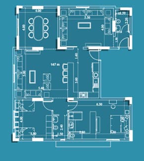 Model E1 floor plan — 149 m², front-facing · 4 rooms, 3 bathrooms, large hall and kitchen, two entrances