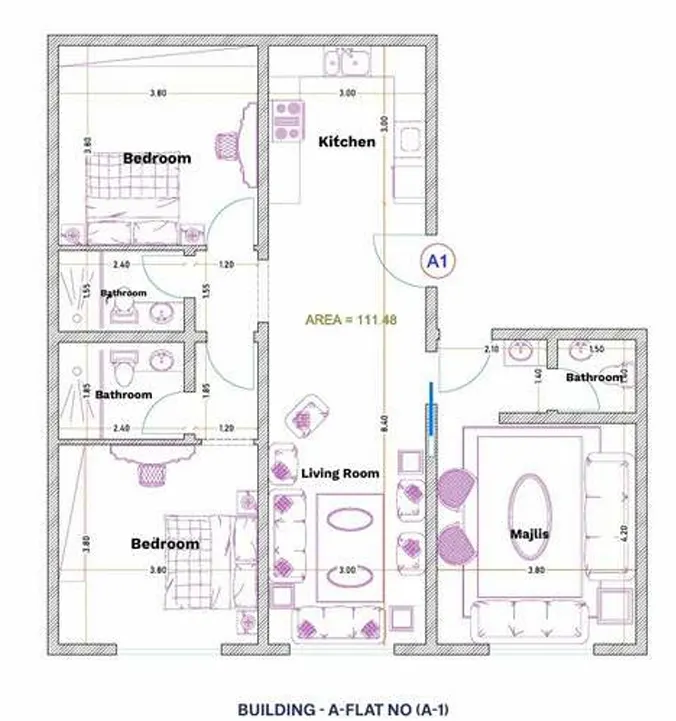 Model A1: 2 bedrooms + majlis, 3 bathrooms, 111.48 m², overlooking the garden and landscaping. SAR 390K