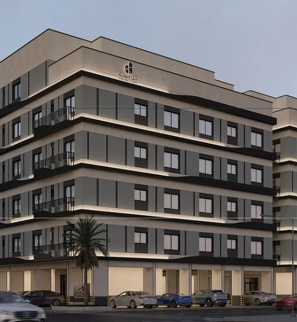 Project facade — modern corner elevation with ground-floor retail and street parking.