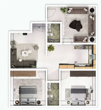 Model A — Street-facing apartment, 97 m², 3 rooms. Open living and dining area with a fitted kitchen, two bedrooms and two bathrooms. SAR 335,000.