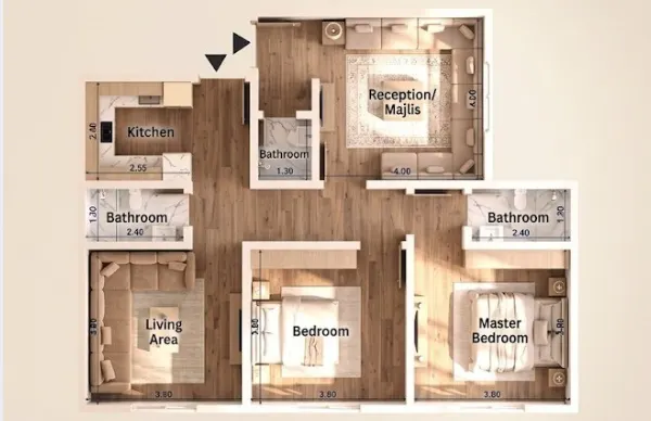 2-bedroom unit with separate reception/majlis, living area and 3 bathrooms