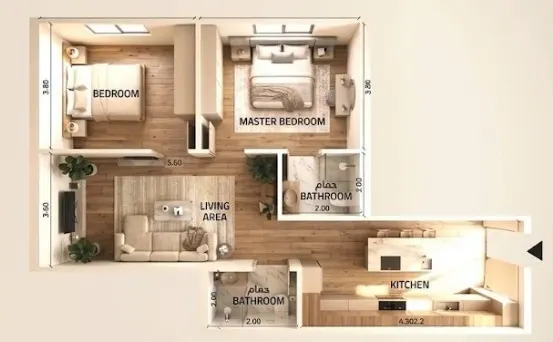 2-bedroom plan with open kitchen, central living area and 2 bathrooms