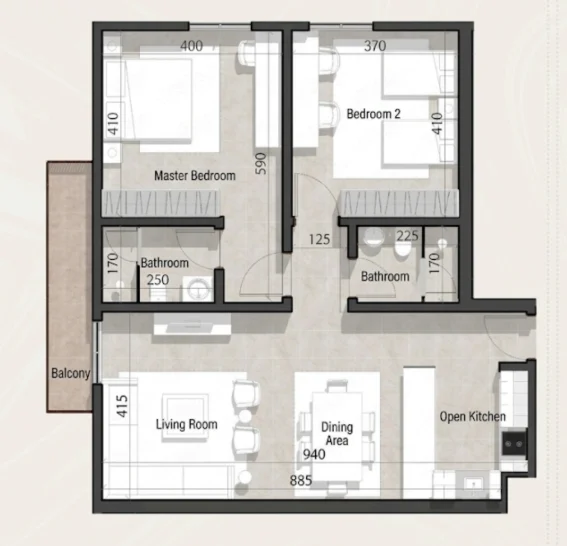 95 m² · 2 bed · 2 bath · terrace onto west landscape