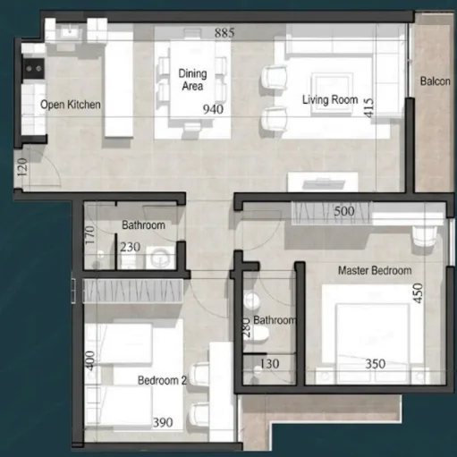 94 m² · 2 bed · 2 bath · east-facing landscape and pool view