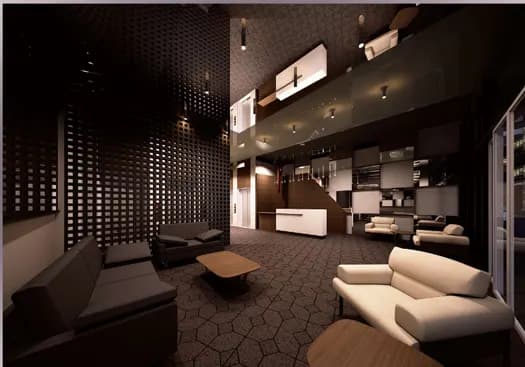 The main lobby — a double-height reception finished in warm timber and patterned screens