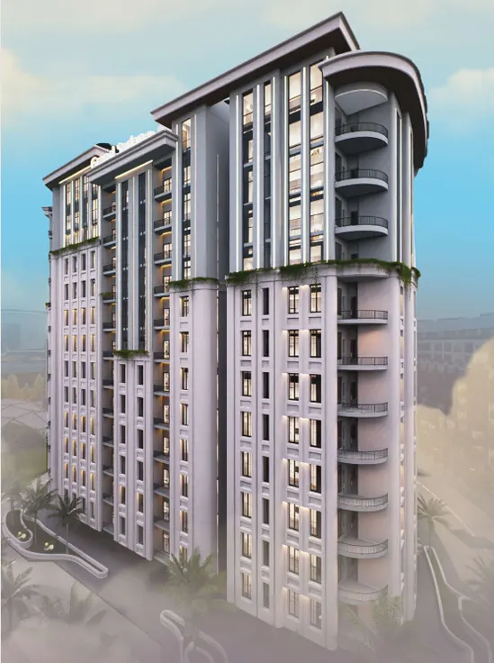 Grand Sadana by day — the curved balcony wing and planted terraces along the façade