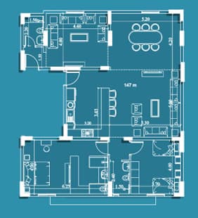 Model E2 floor plan — 149 m², landscape view · 4 rooms, 3 bathrooms, large hall and kitchen, two entrances