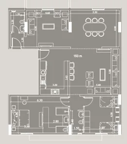 Model D2 floor plan — 153 m², landscape view · 4 rooms, 3 bathrooms, wide balconies, two apartments per floor