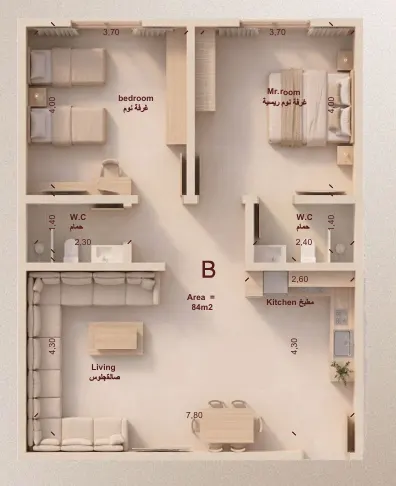 Unit B – 84 m² — Apartment floor plan