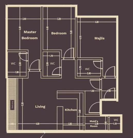 Model 3S – 95 m² 2-room apartment, south-facing, overlooking a street, 3 bathrooms, balcony – SAR 480,000