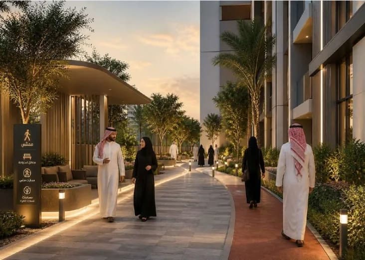 Landscaped walkways and green spaces for a calm, healthy lifestyle