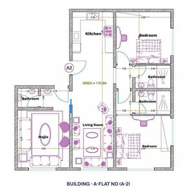 Model A2: 2 bedrooms + majlis, 3 bathrooms, 113.84 m², overlooking the garden. SAR 390K