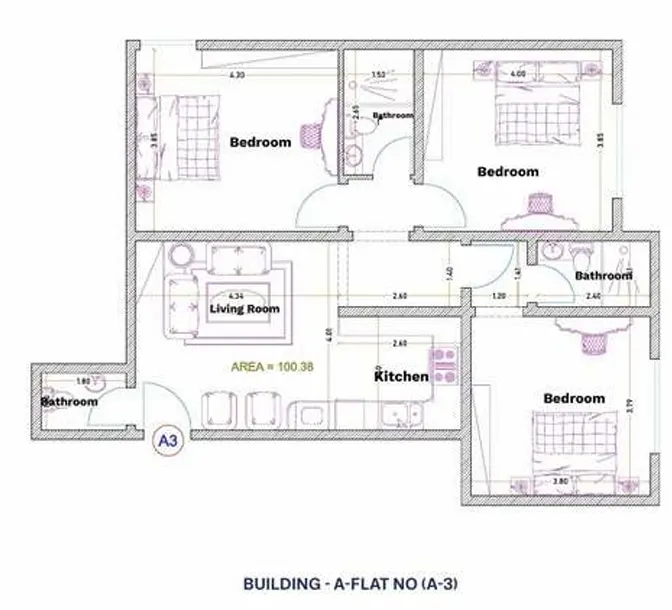 Model A3: 3 bedrooms, 3 bathrooms, 100.38 m², side unit on the corridor. SAR 370K