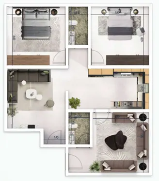 Model D — Street-facing apartment, 97 m², 3 rooms. Two bedrooms at the front, a separate living room and an open kitchen with two bathrooms. SAR 335,000.