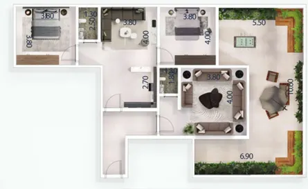 Model F — Roof villa with a private roof, 100 m² unit area plus a 59 m² roof, 3 rooms. Landscaped private terrace with seating and green borders, two bathrooms and a dedicated entrance. SAR 470,000.