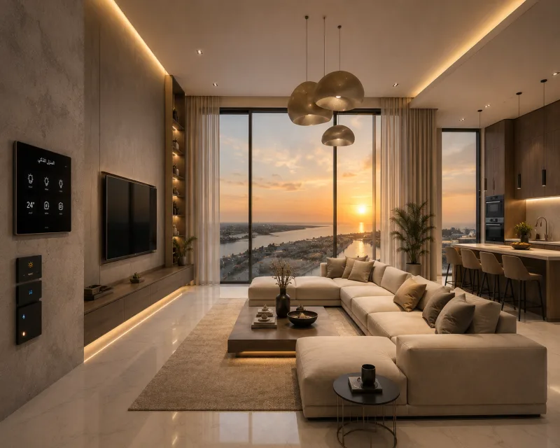 High-Ceiling Luxury Living Salon with Obhur Sunset Views